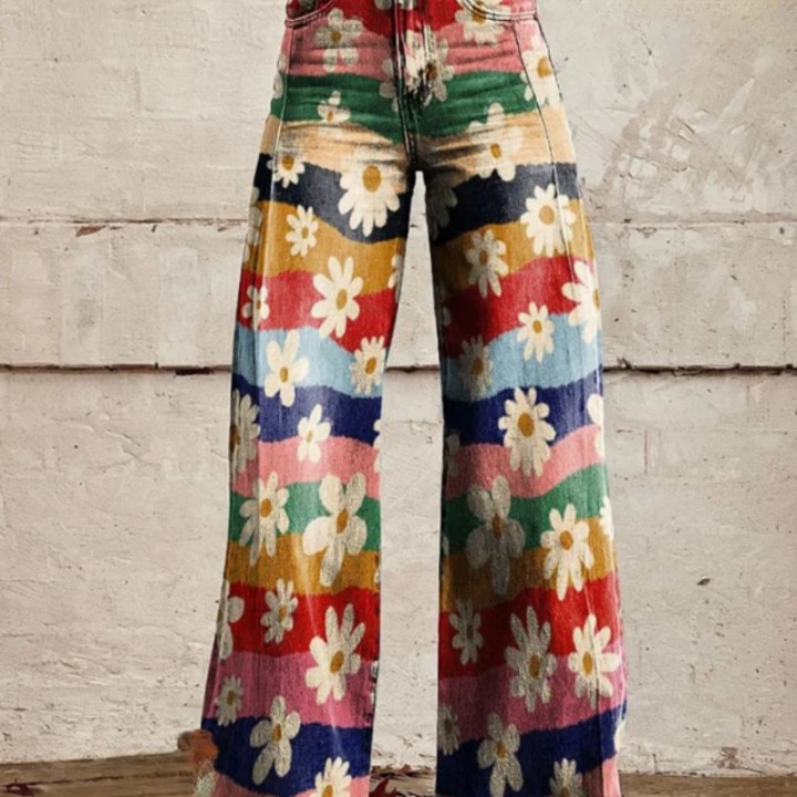 Retro flared bloemenbroek met hoge taille