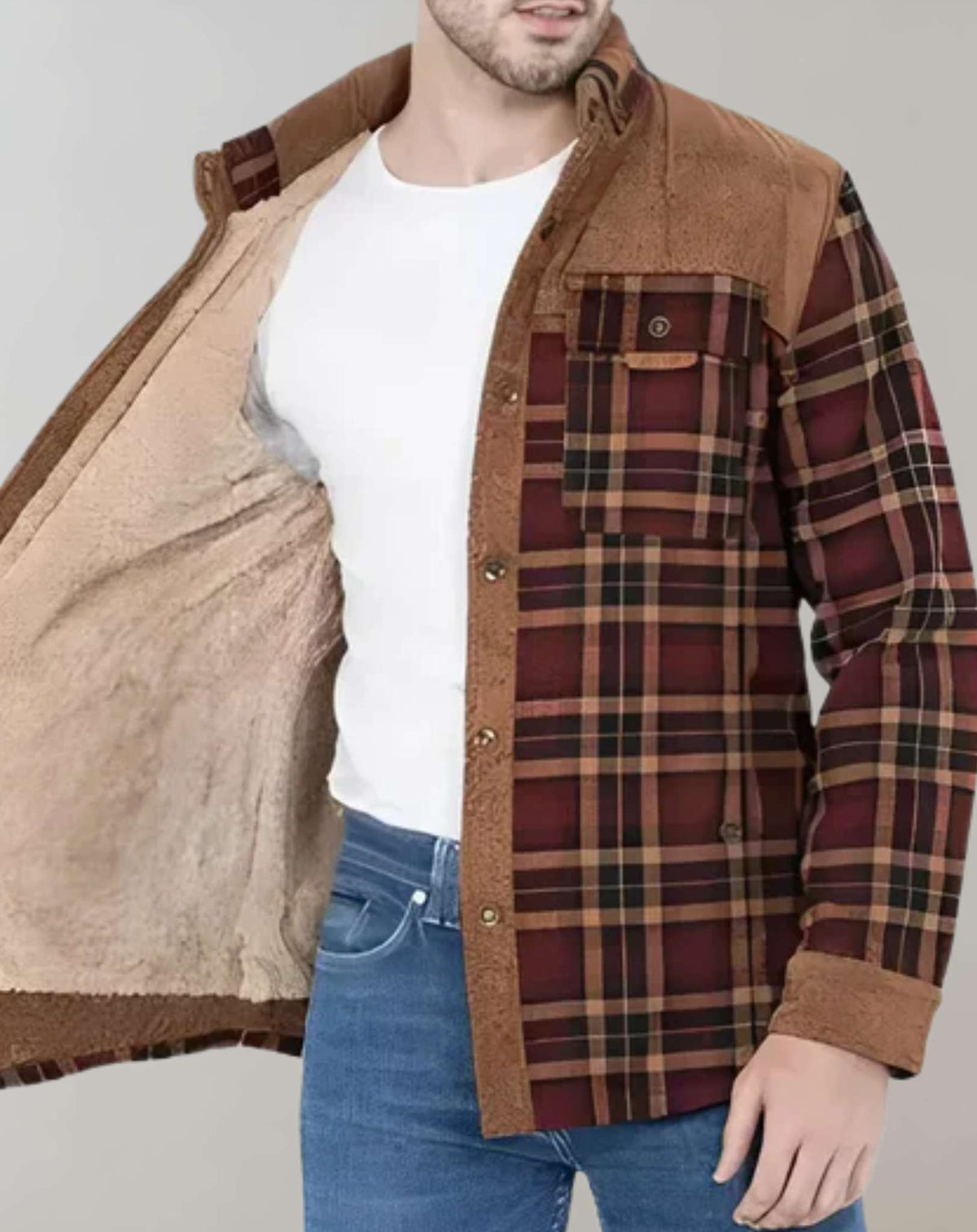 Gevoerde flanellen heren jas met fleece