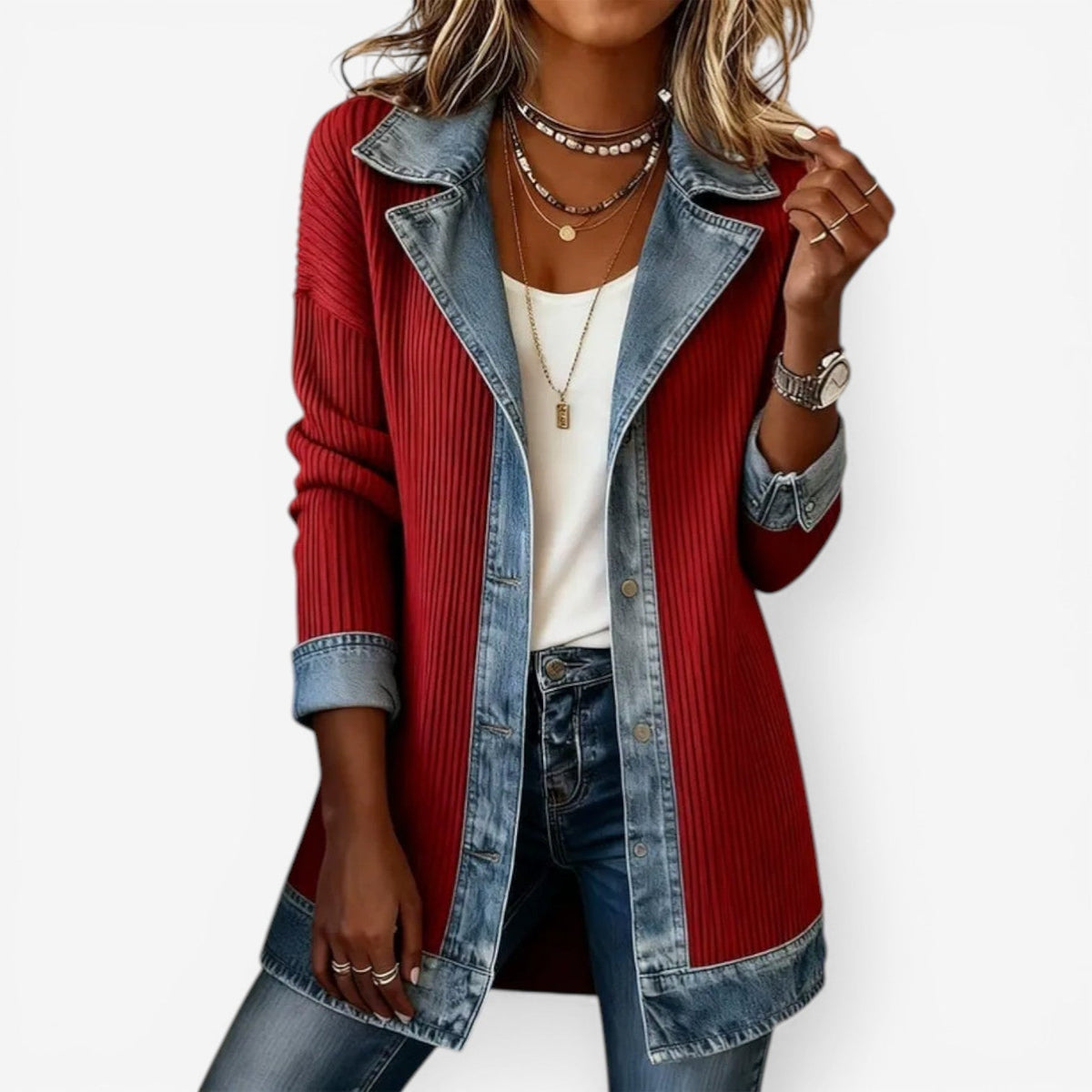 Enola | Damesjack met gelaagde kraag en denimdetails