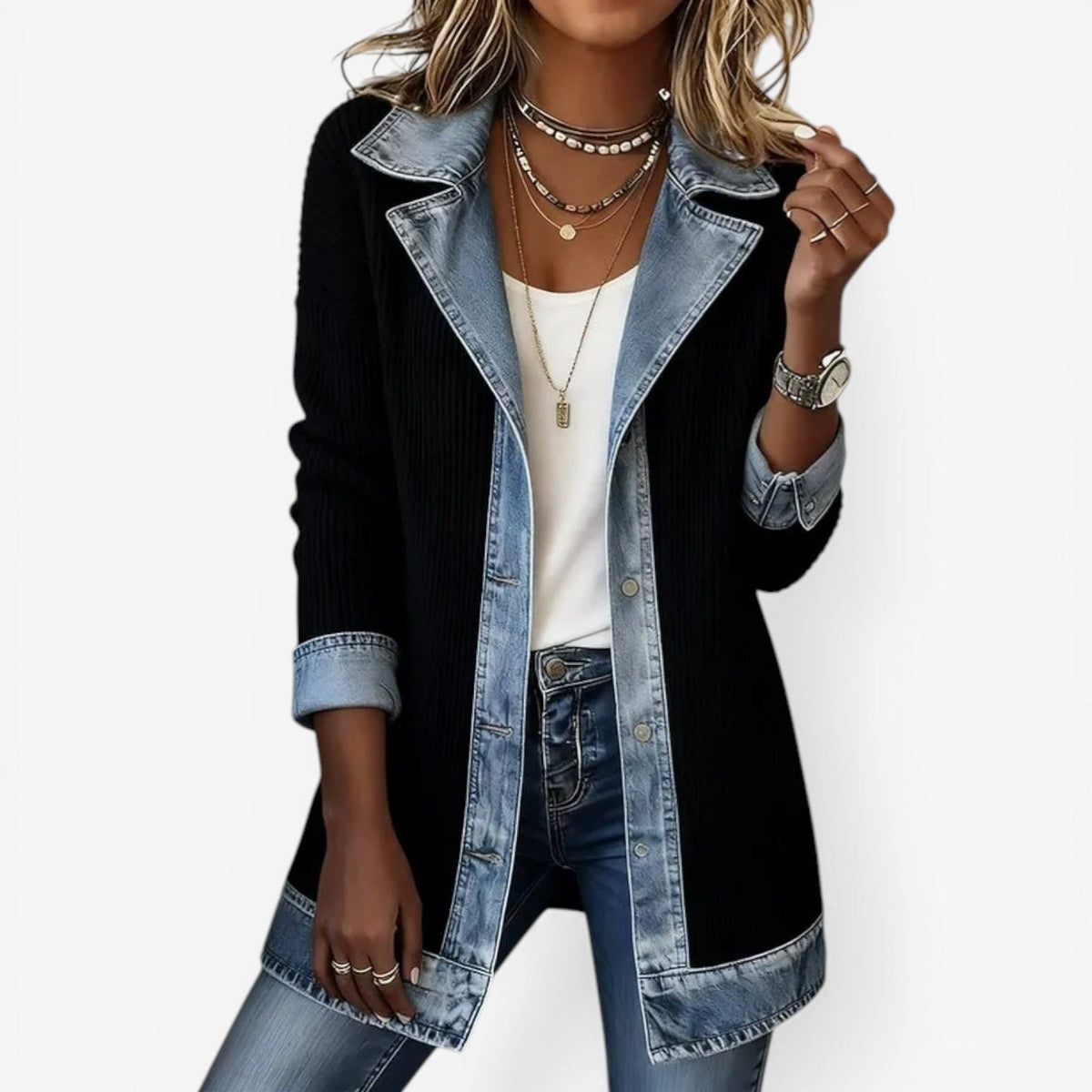 Enola | Damesjack met gelaagde kraag en denimdetails
