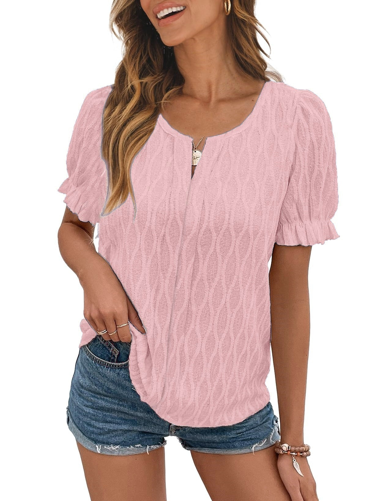 Luchtig & stijlvol dames pofmouwenshirt met kantaccent