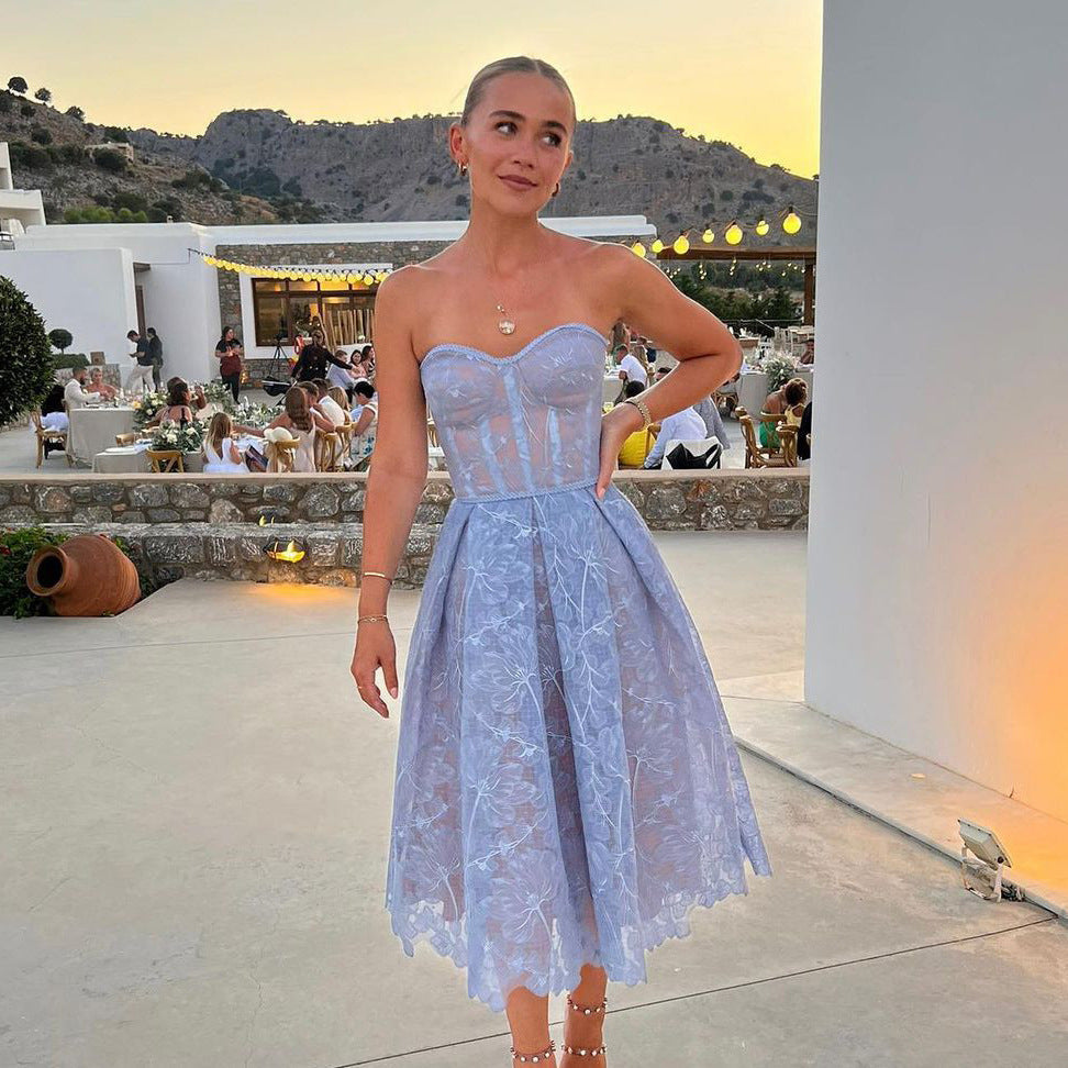 Strapless kant midi jurk met korsettop