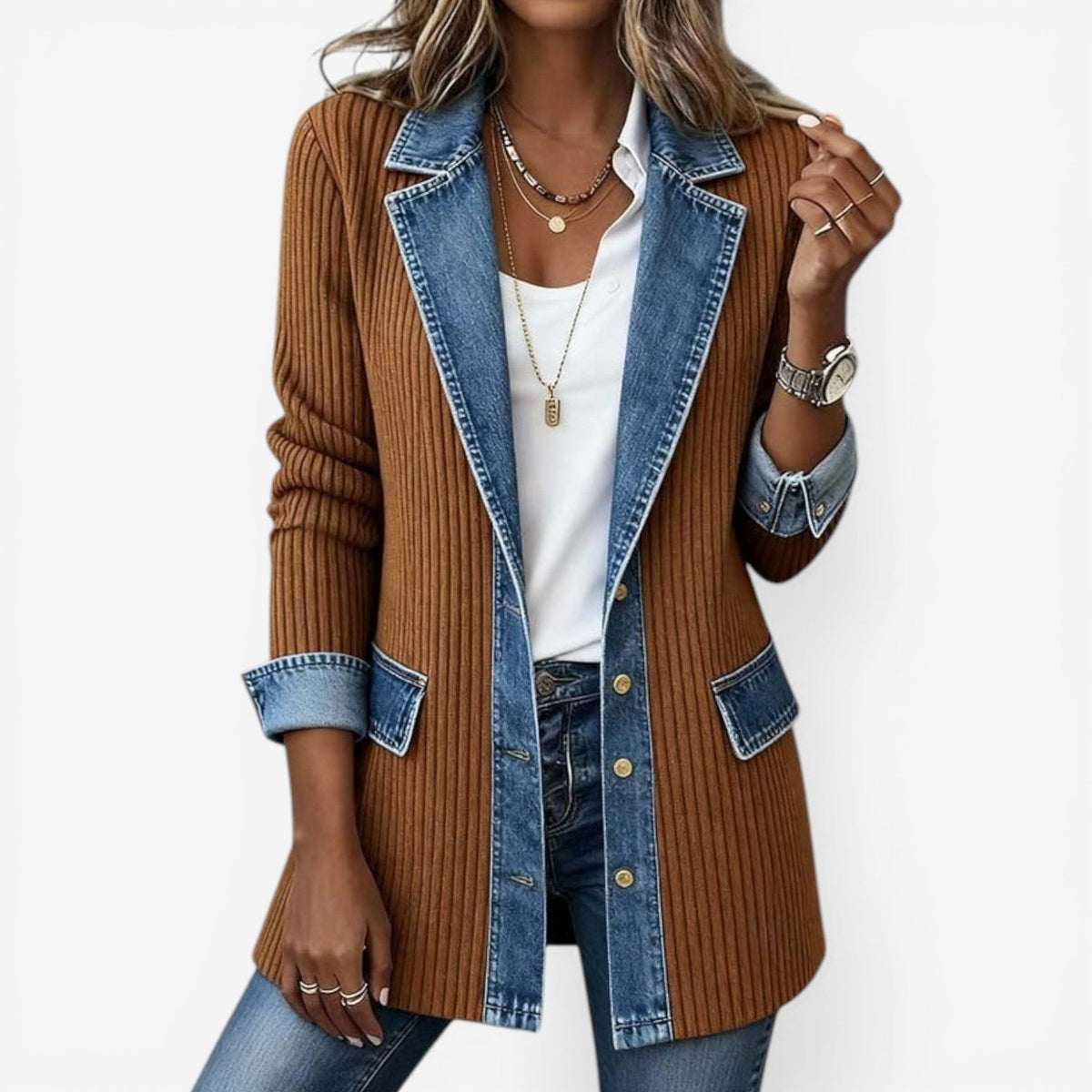 Enola | Damesjack met gelaagde kraag en denimdetails