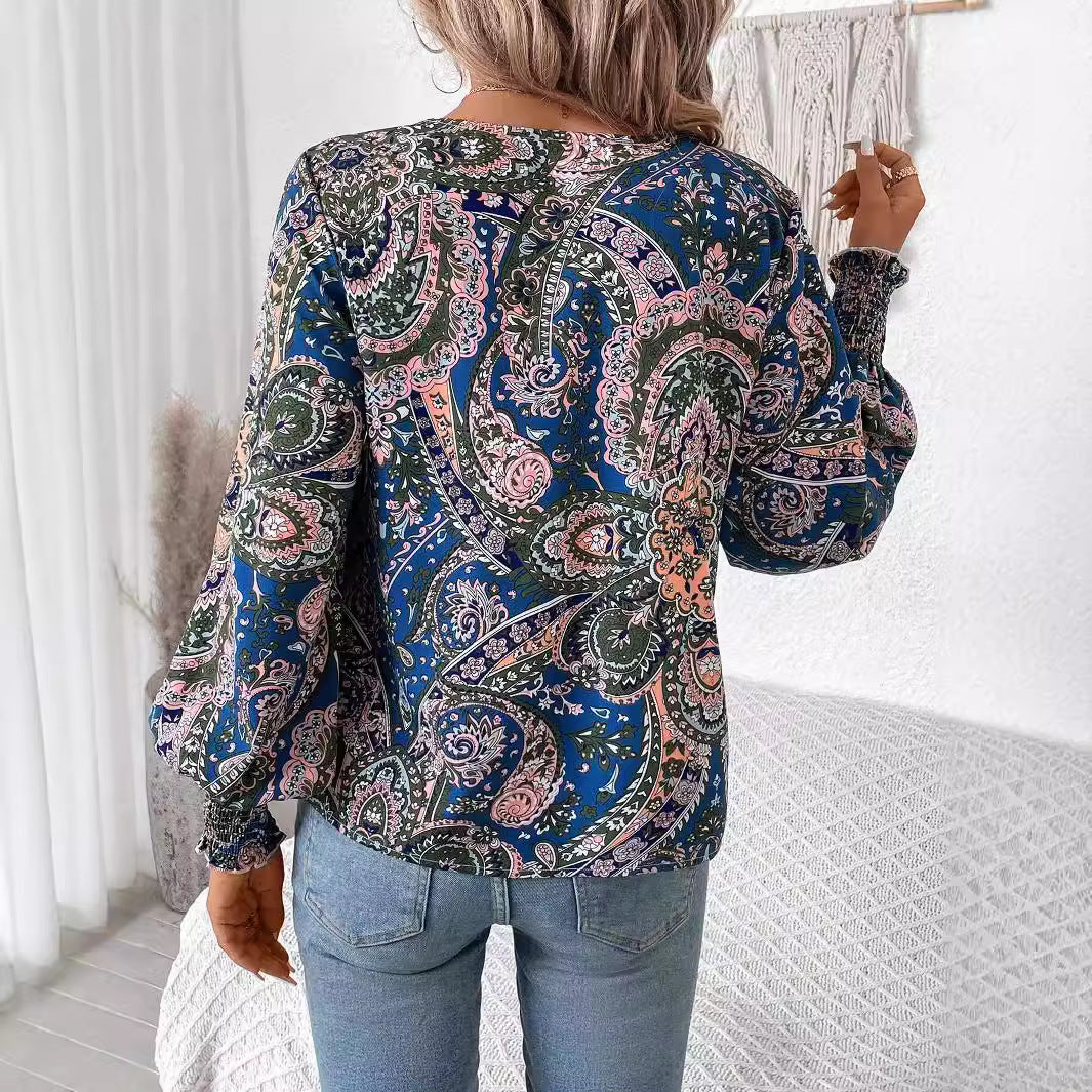 Bloemenprint damesblouse met V-hals en lantaarnmouwen
