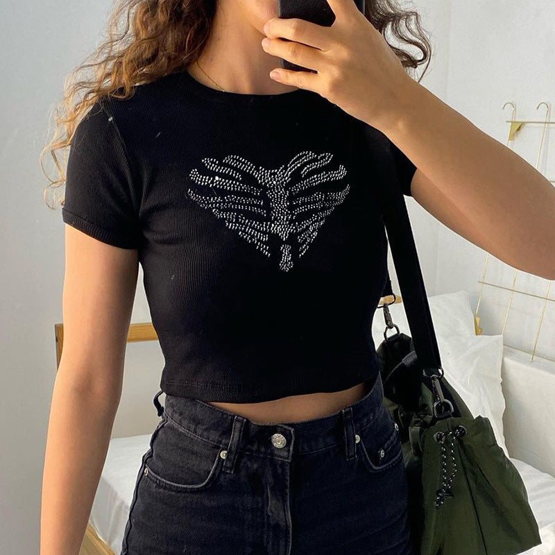 Dames crop-top met strass-skeletpatroon