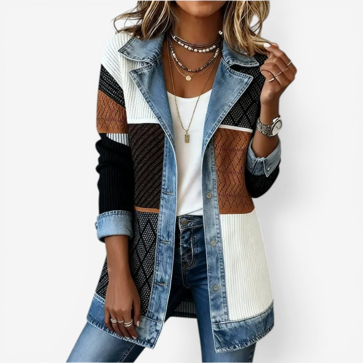 Anita | Damesjasje van breisel met denimlook accenten