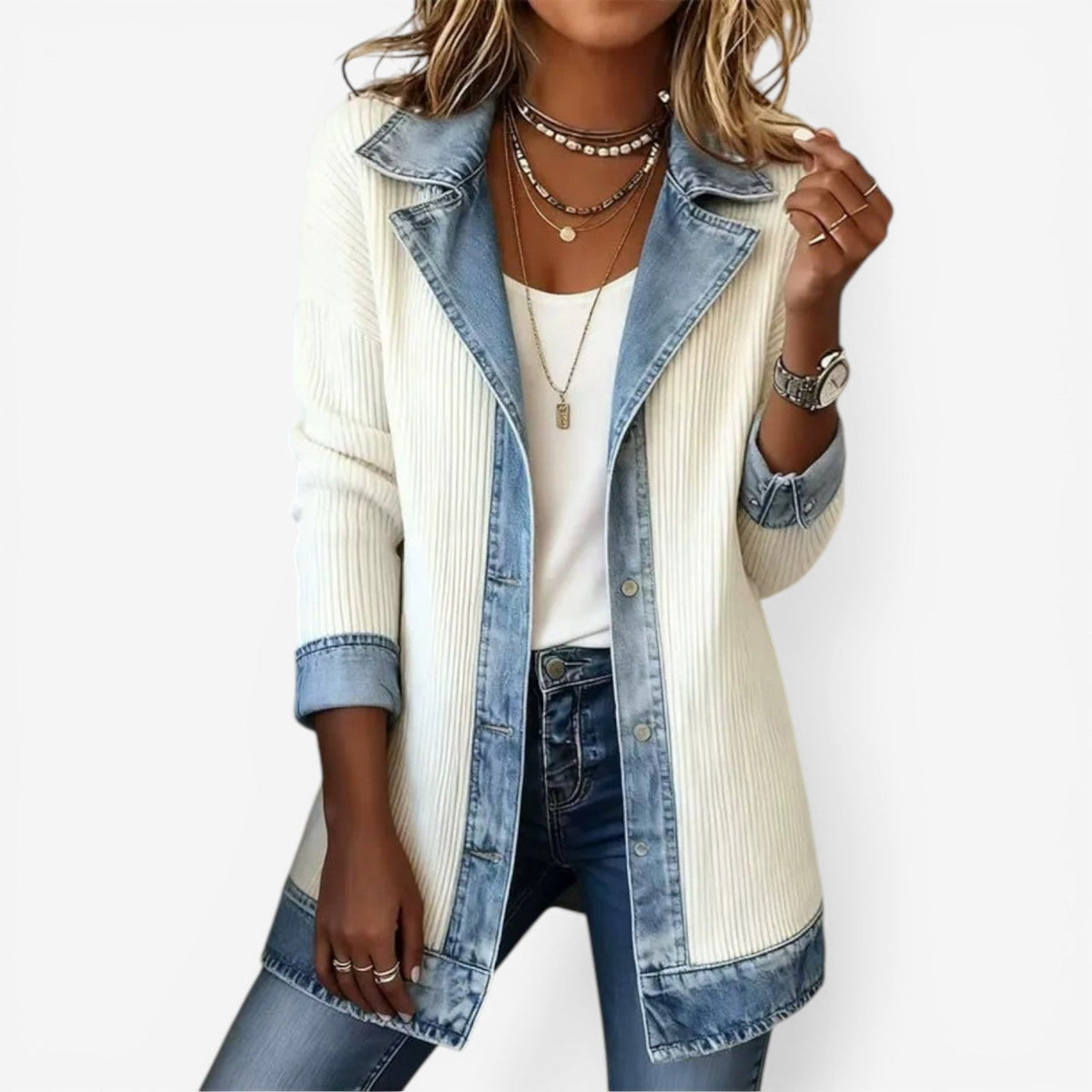 Enola | Damesjack met gelaagde kraag en denimdetails