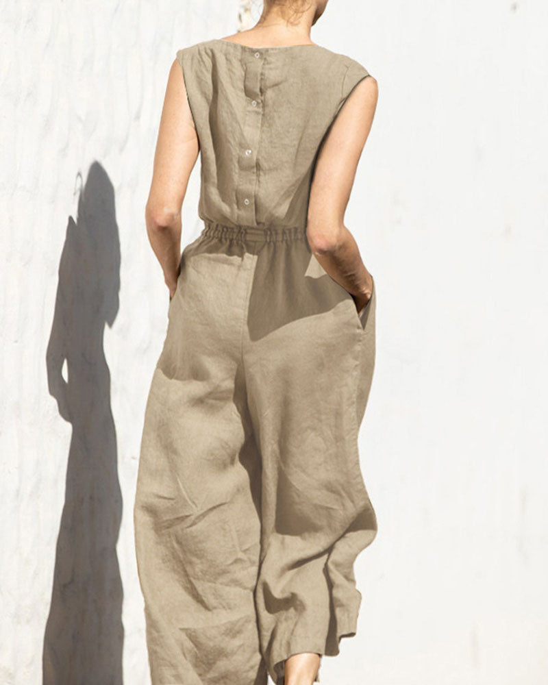 Mouwloze dames jumpsuit met wijde pijpen