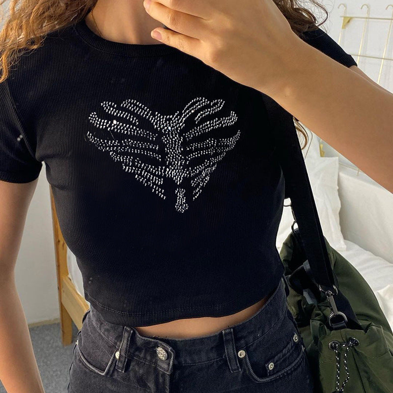 Dames crop-top met strass-skeletpatroon