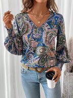 Bloemenprint damesblouse met V-hals en lantaarnmouwen