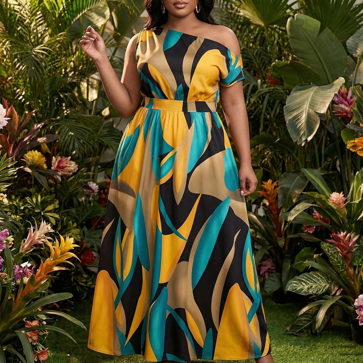 One-shoulder plus-size maxi-jurk met tropische print