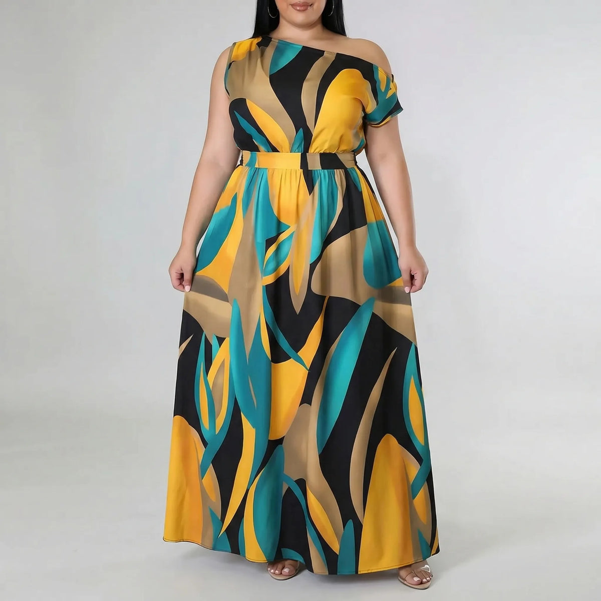 One-shoulder plus-size maxi-jurk met tropische print