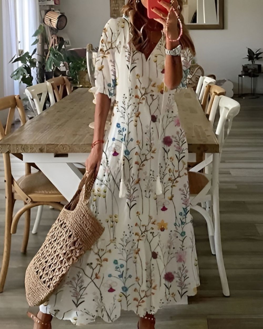 Elaine | Maxi-jurk met V-hals en bohoprint