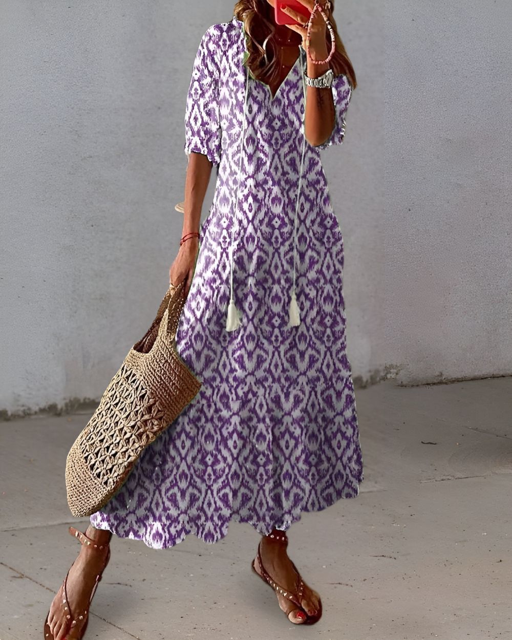 Elaine | Maxi-jurk met V-hals en bohoprint