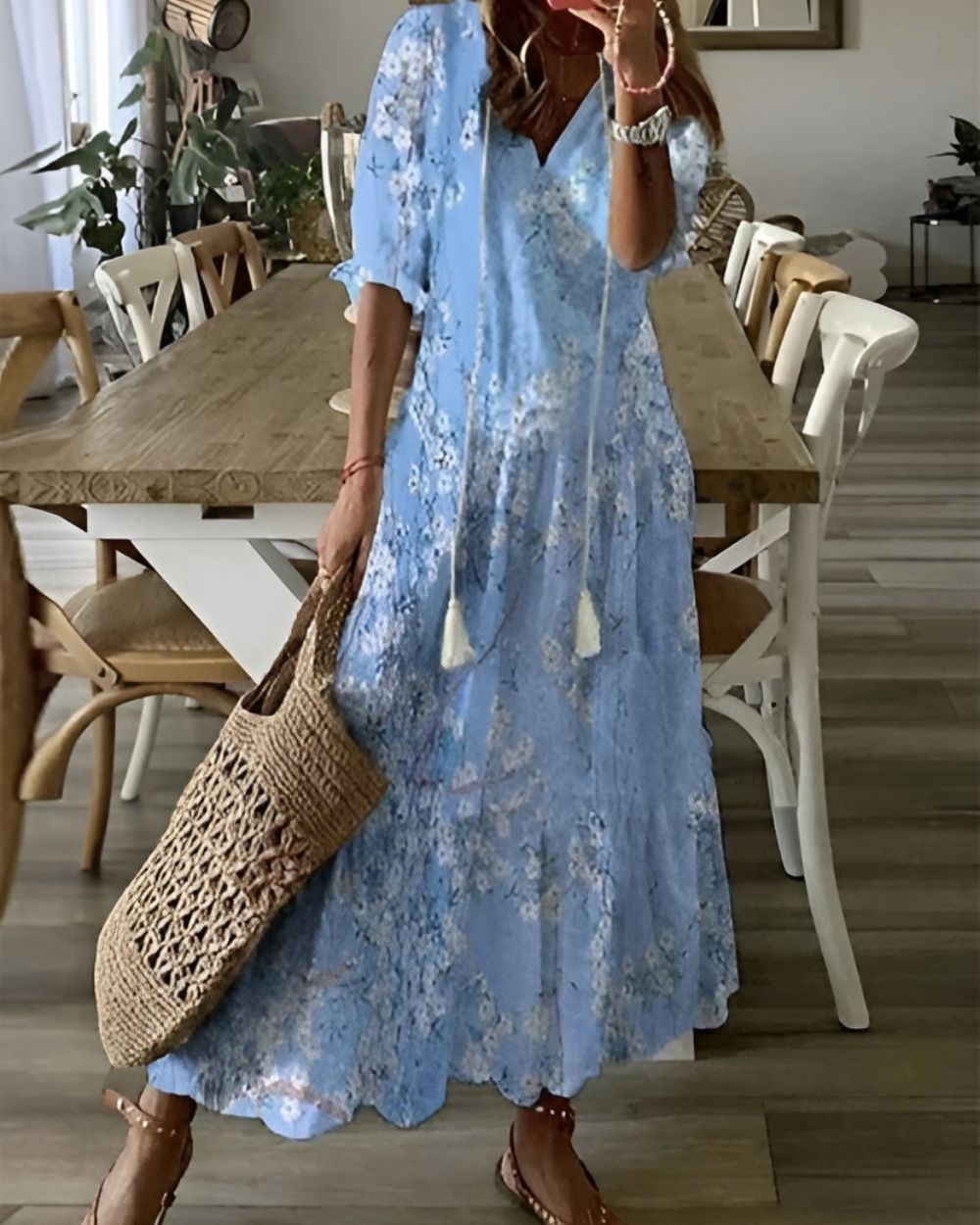 Elaine | Maxi-jurk met V-hals en bohoprint