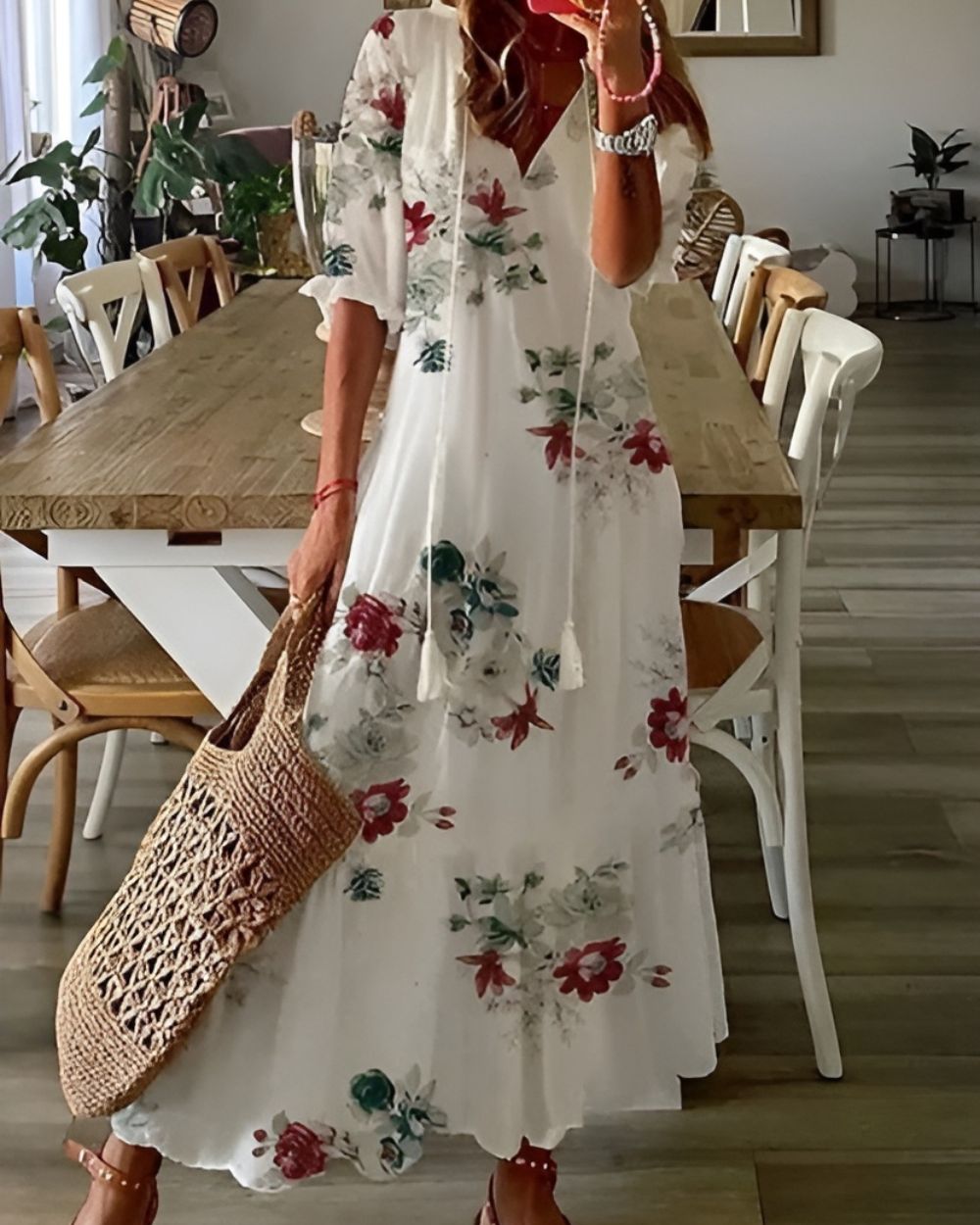 Elaine | Maxi-jurk met V-hals en bohoprint