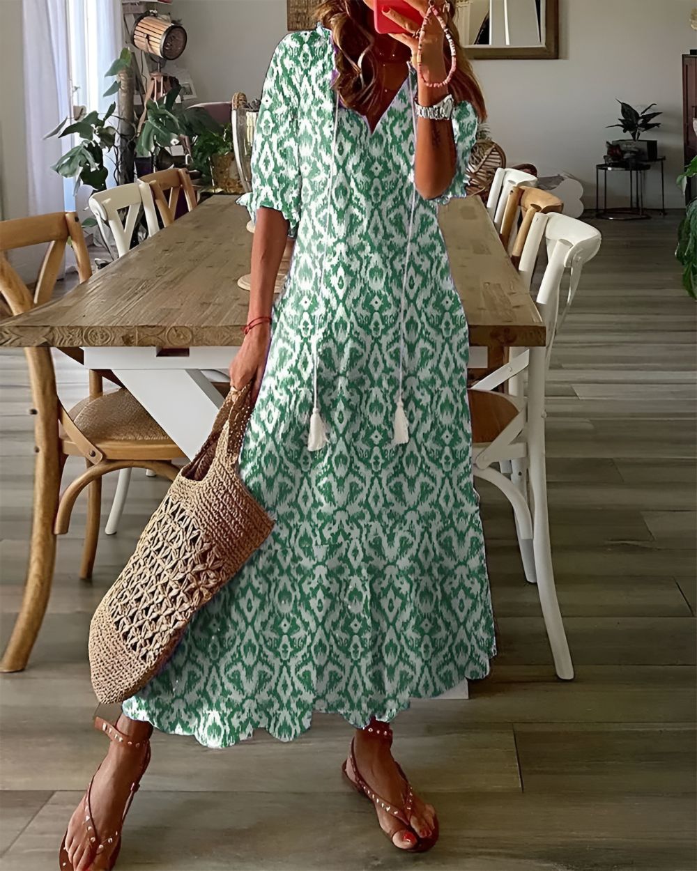Elaine | Maxi-jurk met V-hals en bohoprint