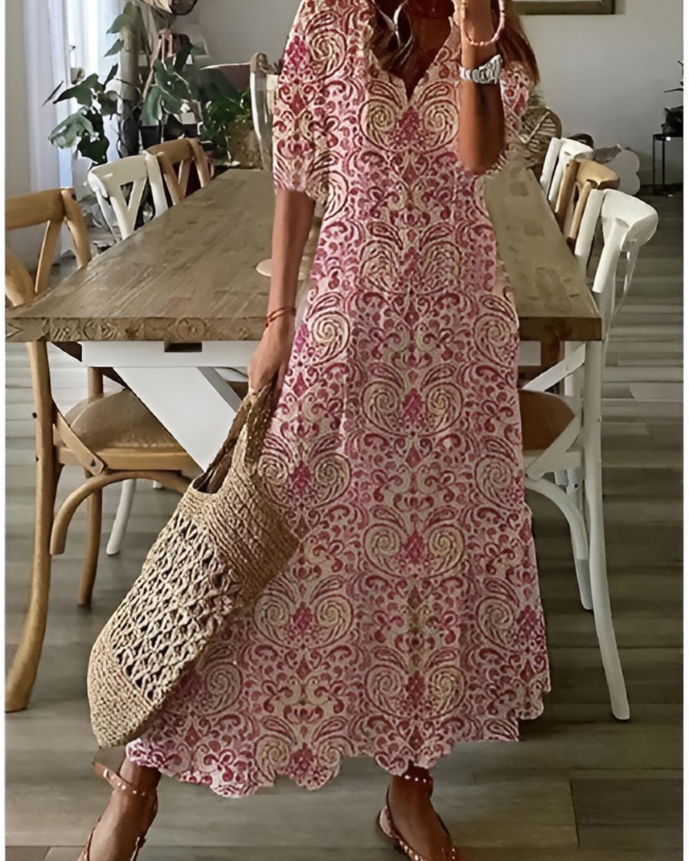 Elaine | Maxi-jurk met V-hals en bohoprint