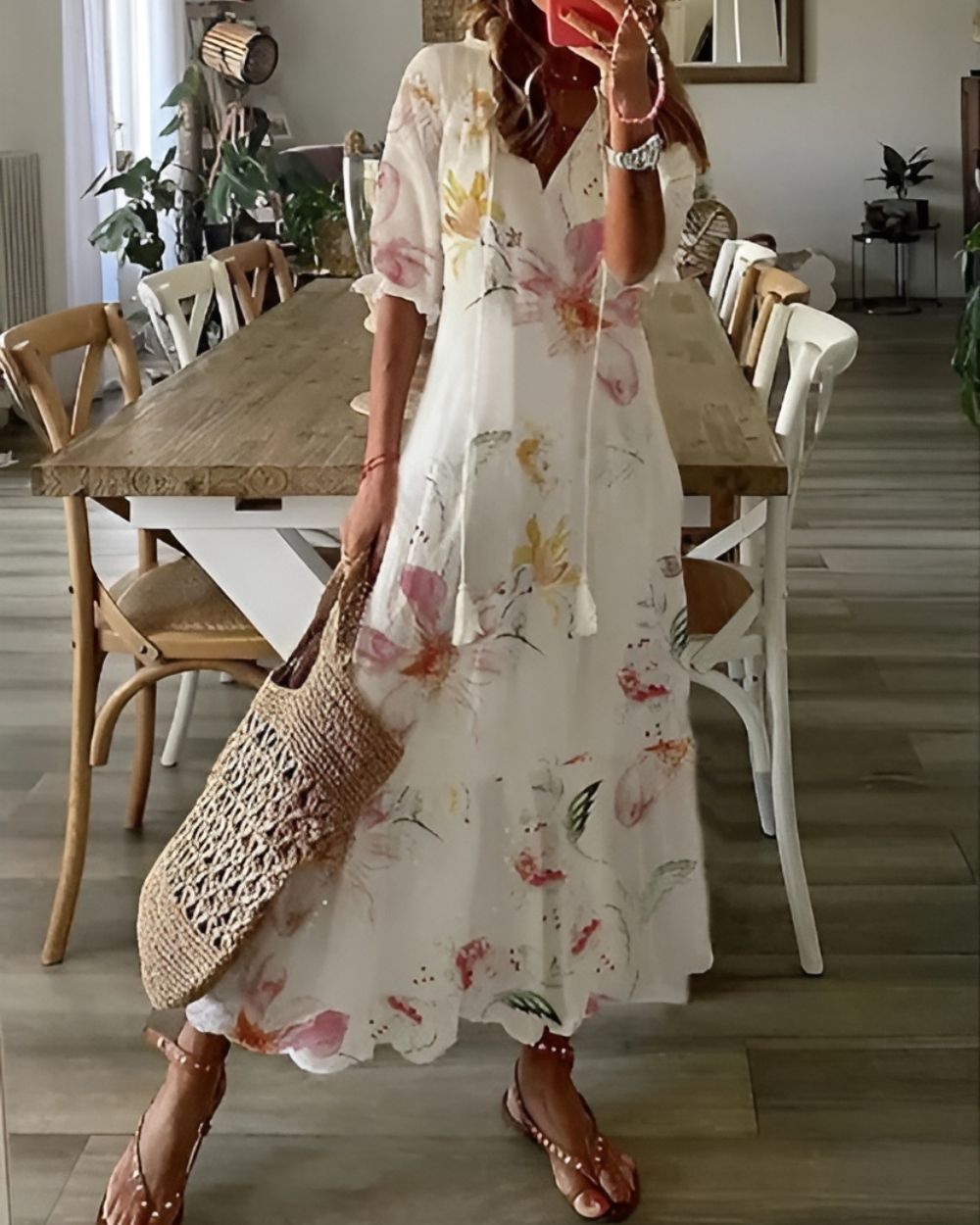 Elaine | Maxi-jurk met V-hals en bohoprint