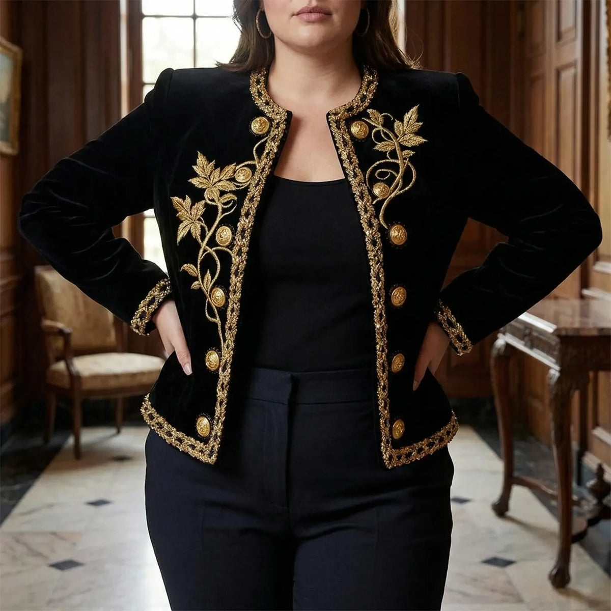 Plus-size geborduurde fluwelen jas met knopen