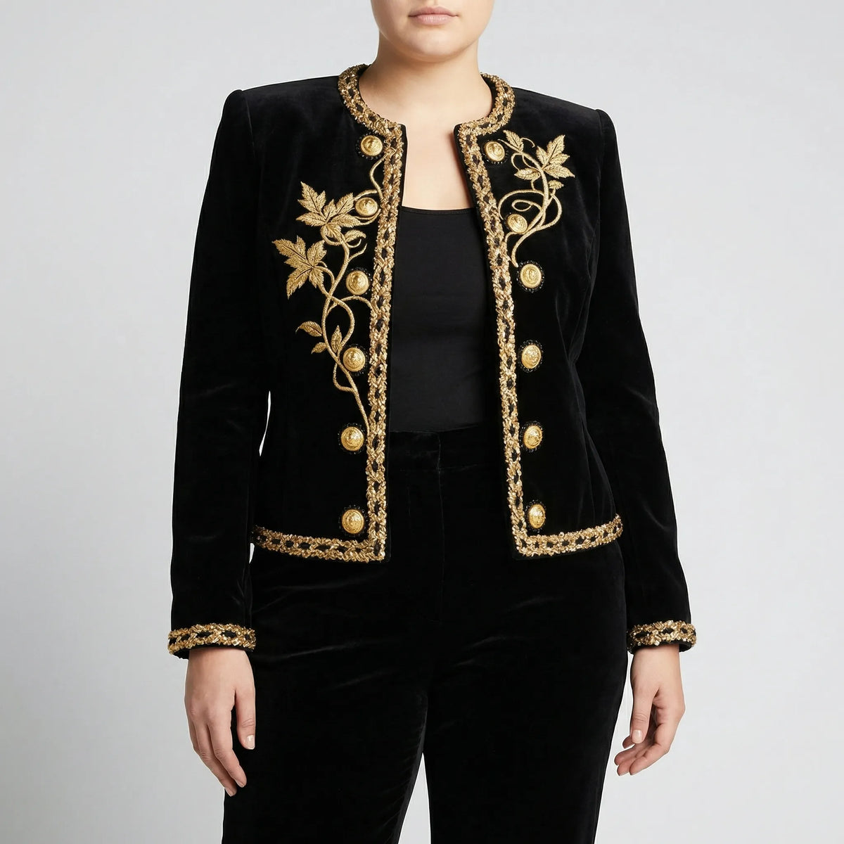 Plus-size geborduurde fluwelen jas met knopen