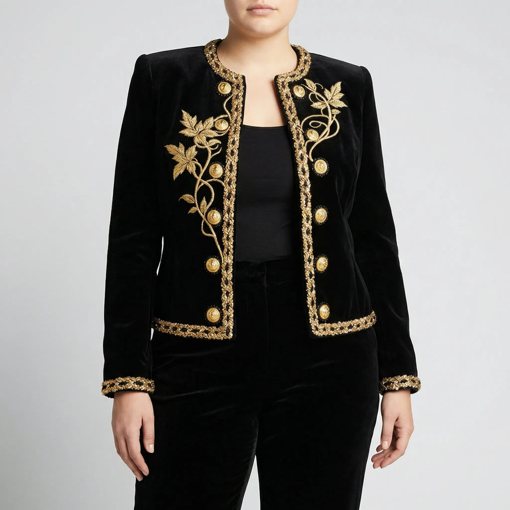 Plus-size geborduurde fluwelen jas met knopen