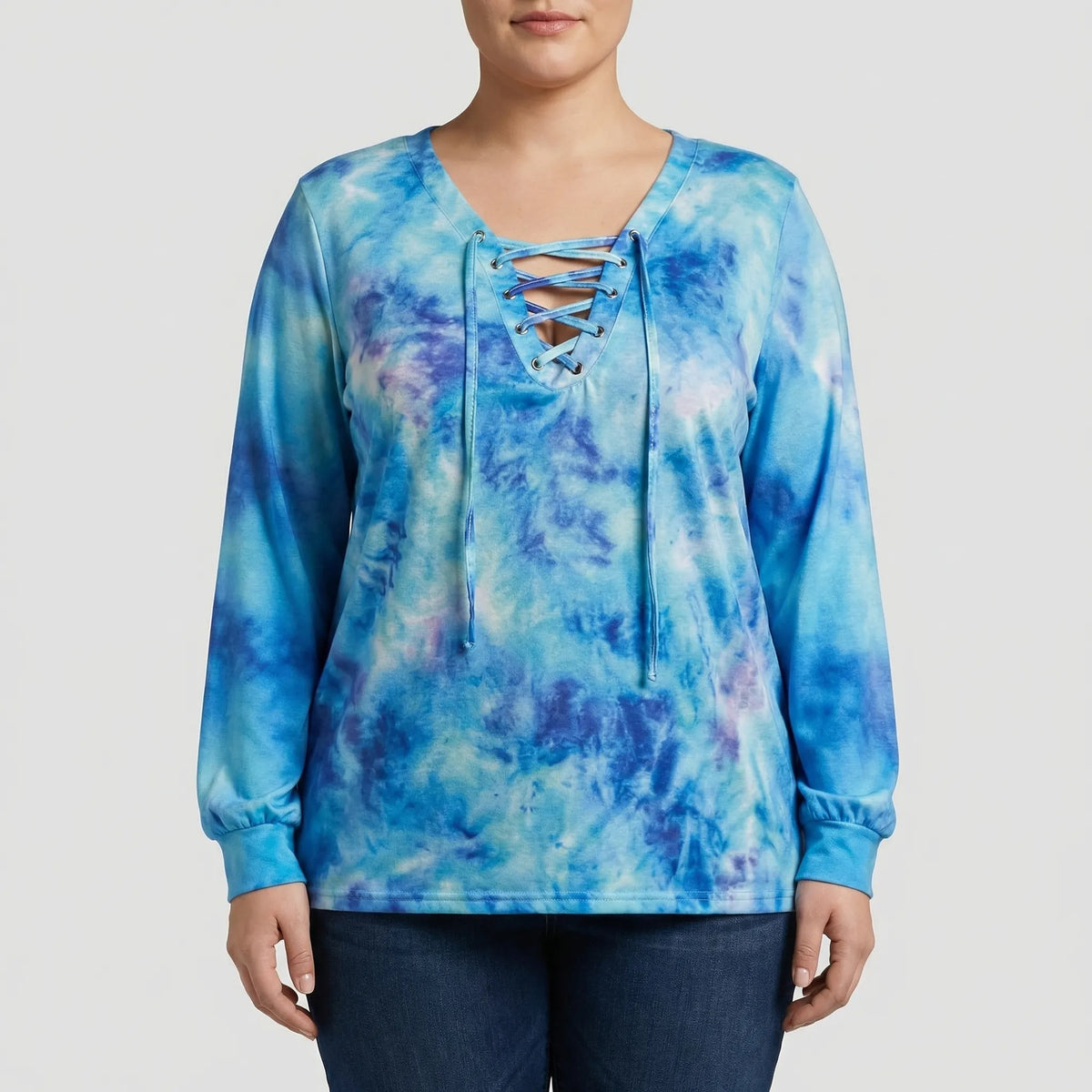 Tie-dye top met vetersluiting in grote maten