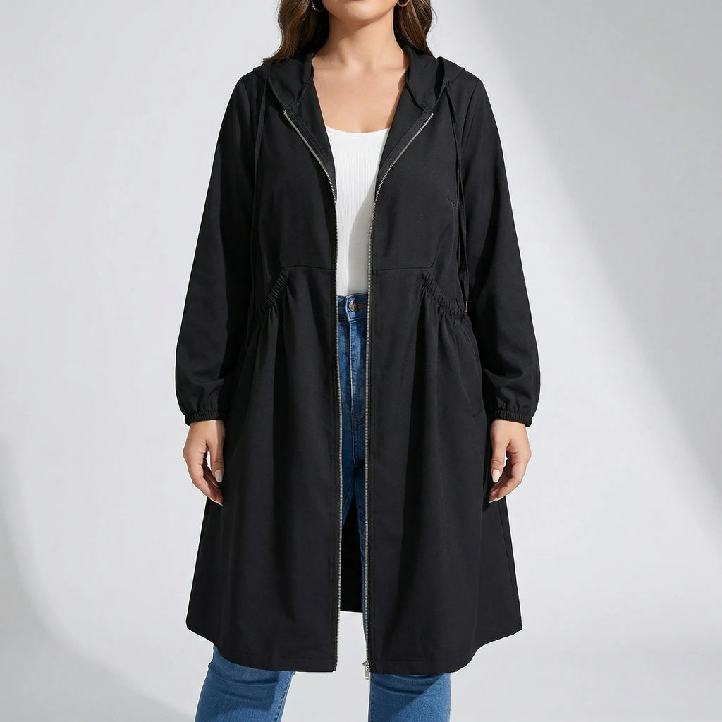 Plus-size lange jas met rits en capuchon