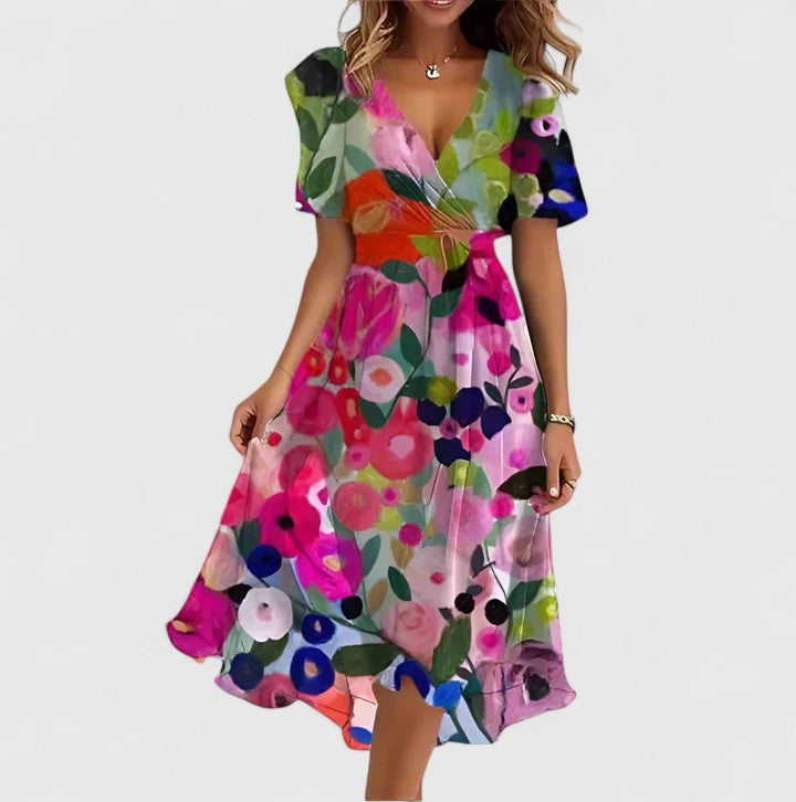 Gina | Korte bloemenjurk met V-hals en asymmetrische zoom
