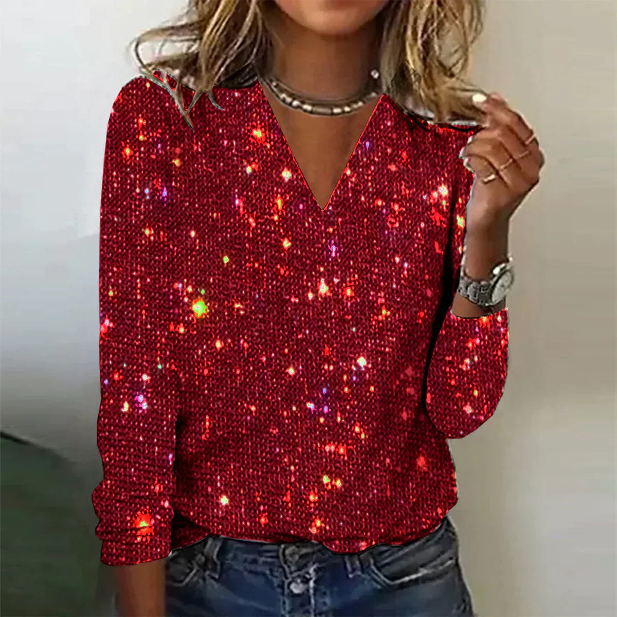 Sofía | Paillettenblouse met V-hals en lange mouwen