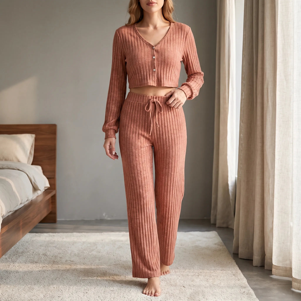 Ribgebreide pyjamaset met lange mouwen