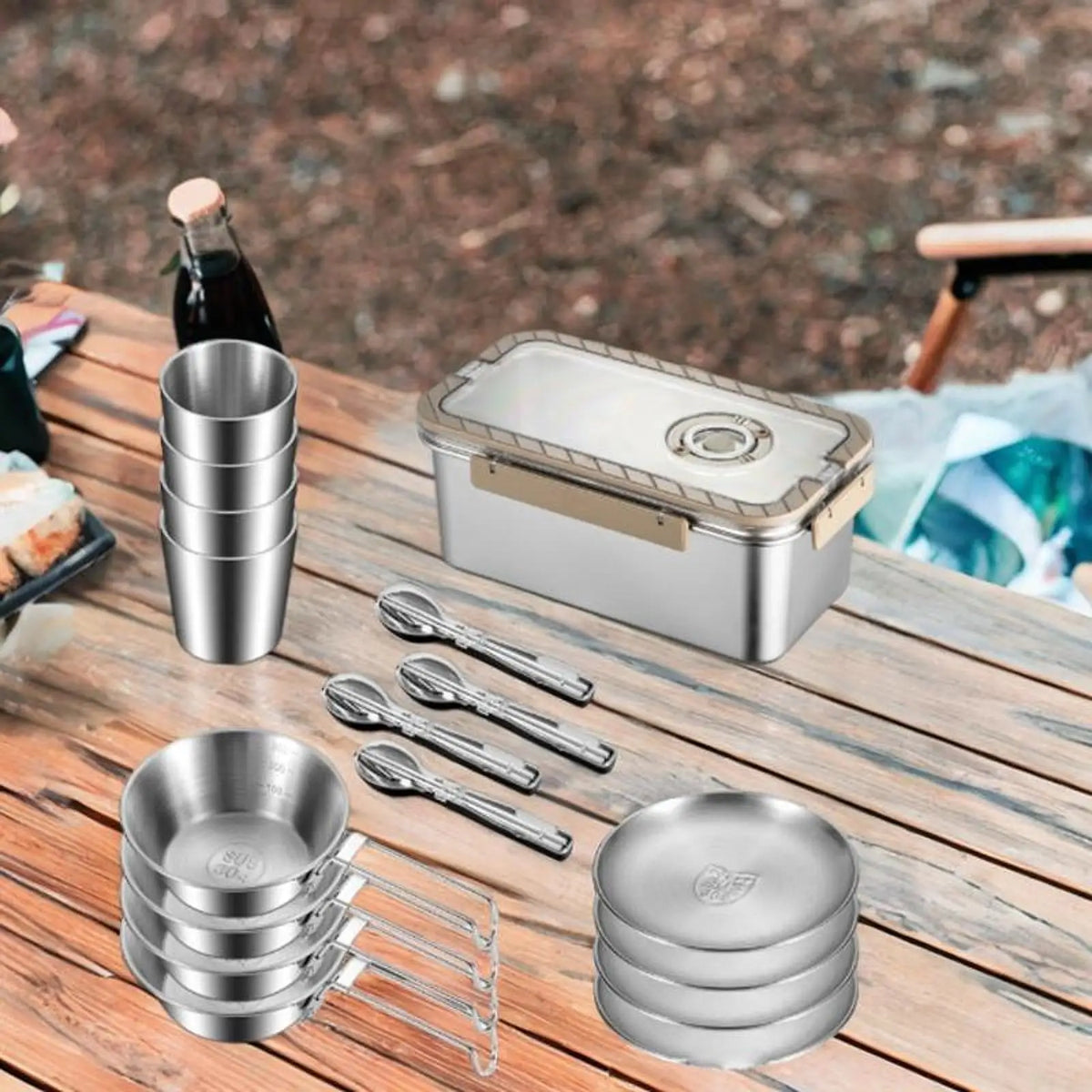 Camping messware kit RVS bestek met opslagdoos