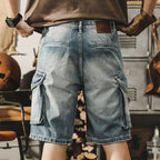 Heren denim-cargo-bermuda in retro motorstijl