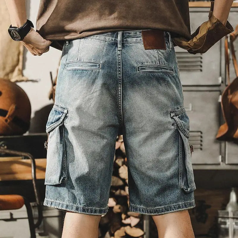 Heren denim-cargo-bermuda in retro motorstijl