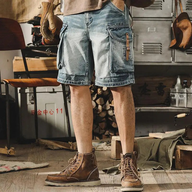 Heren denim-cargo-bermuda in retro motorstijl
