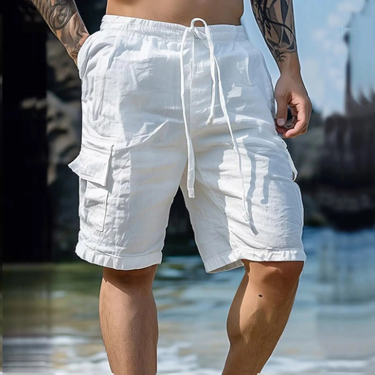 Luchtige linnen herenshorts met wijde pijpen en koordsluiting