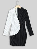 Patchwork gestreepte blazer jurk – kantoor dame mini jurk