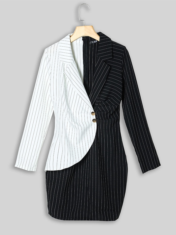 Patchwork gestreepte blazer jurk – kantoor dame mini jurk