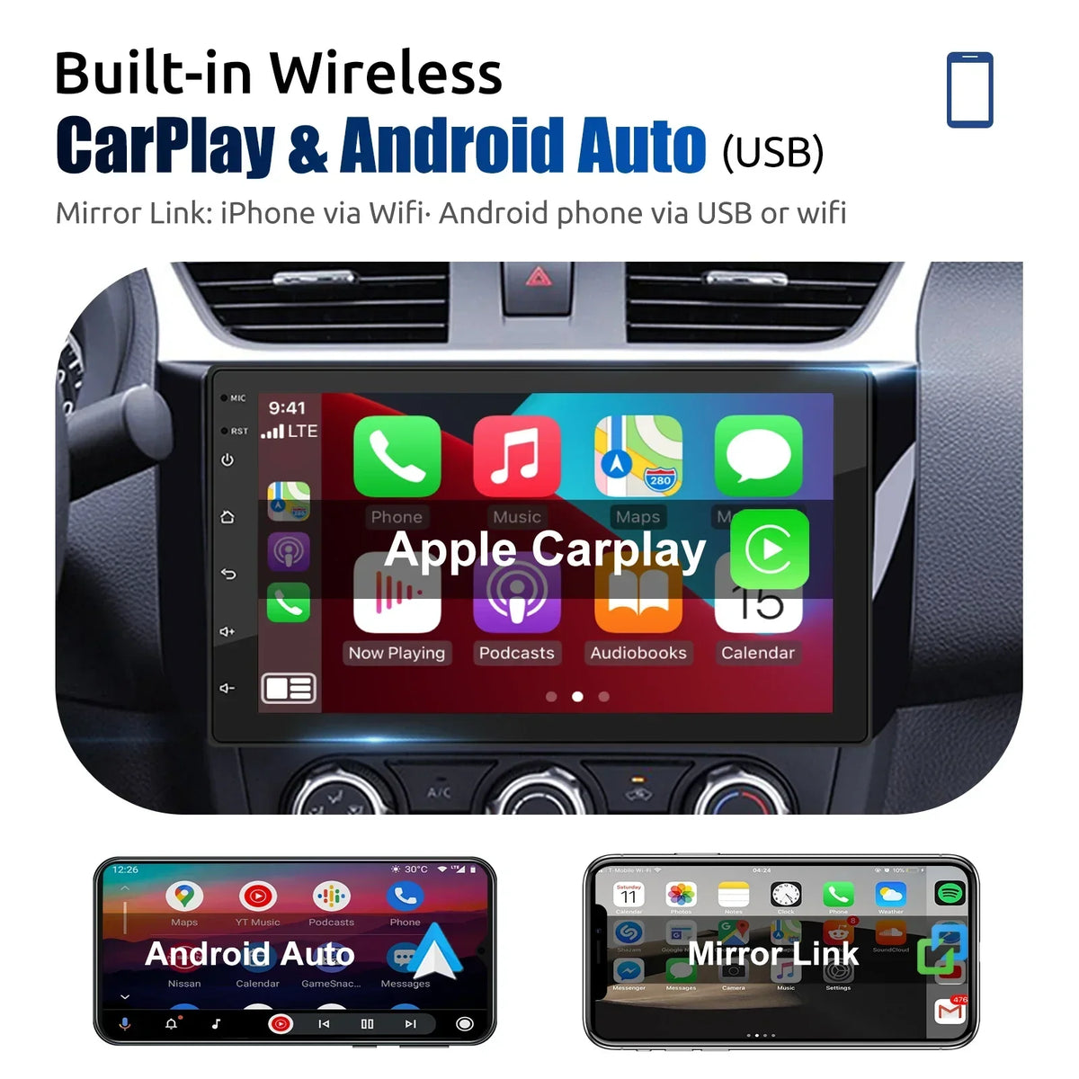 Universele android auto stereo met touchscreen, GPS en draadloze carplay