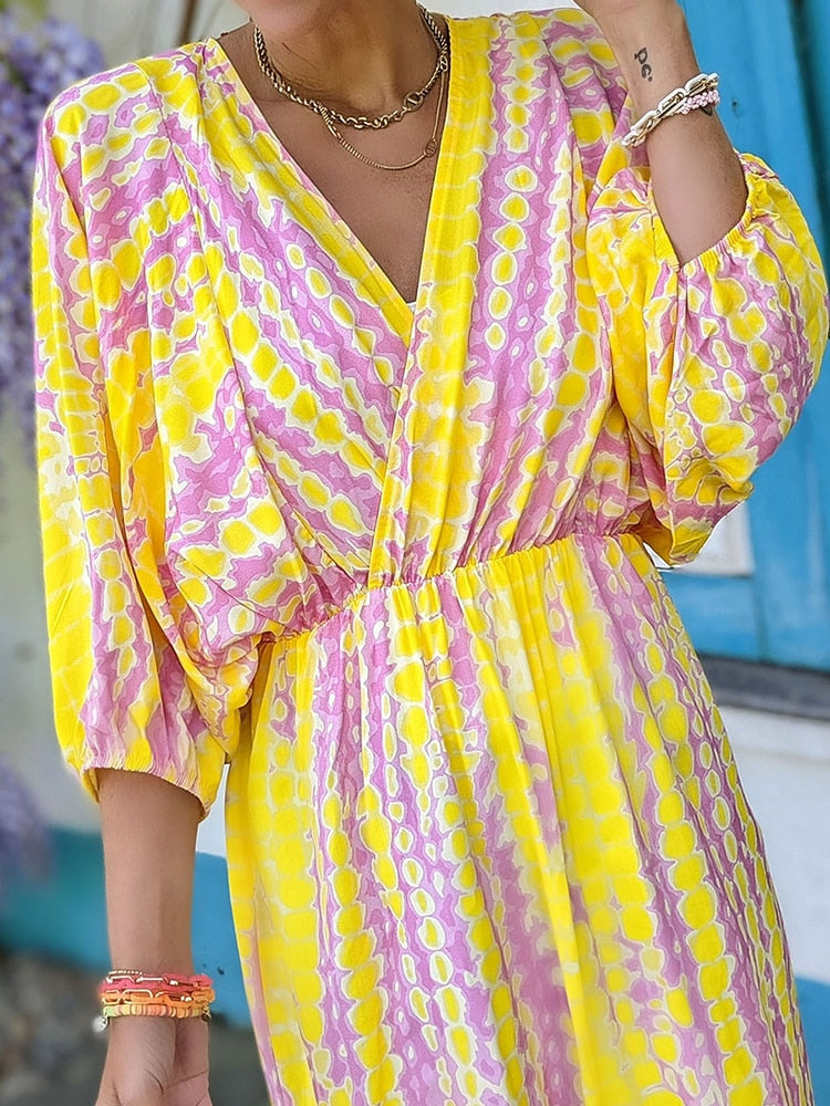 Geometrische print boho puff mouw V-Hals jurk | strandvakantie kleding – materiaal: Polyester — afbeelding 4
