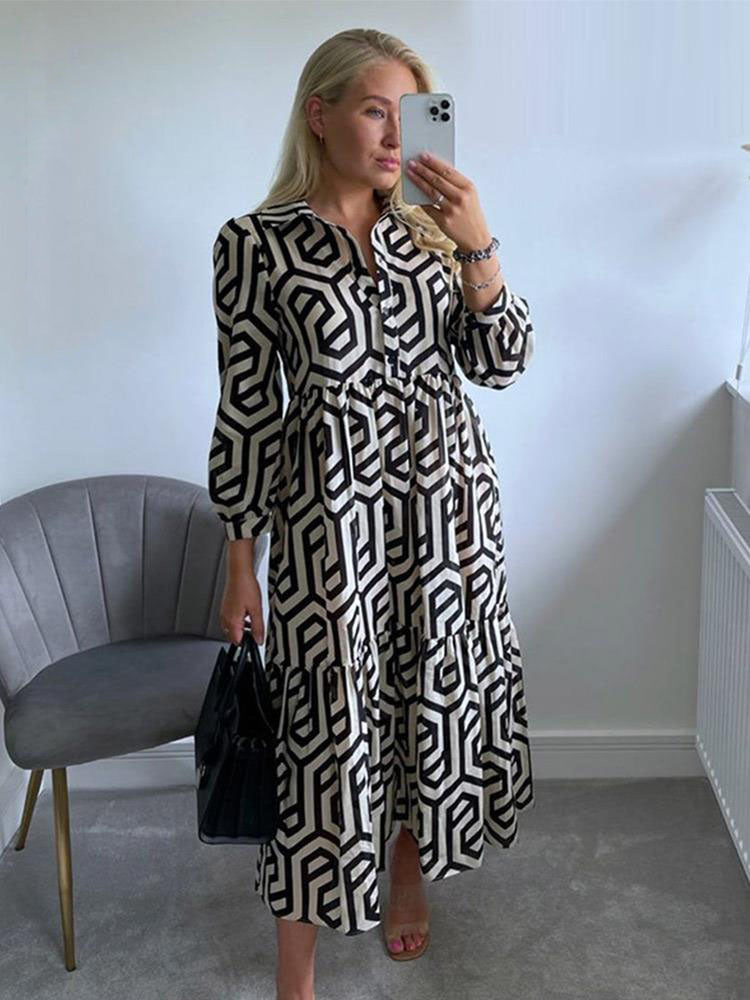 Geometrische print lange mouw overhemdjurk – casual A-Lijn feestjurk