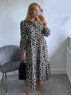 Geometrische print lange mouw overhemdjurk – casual A-Lijn feestjurk