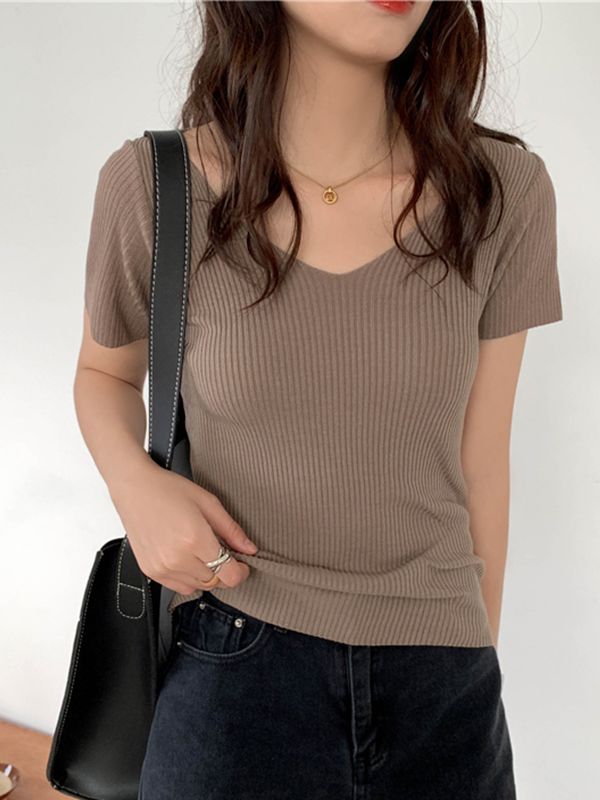 Korte mouw gebreide pullover – Zomer V-Hals geribd slim fit T-Shirt