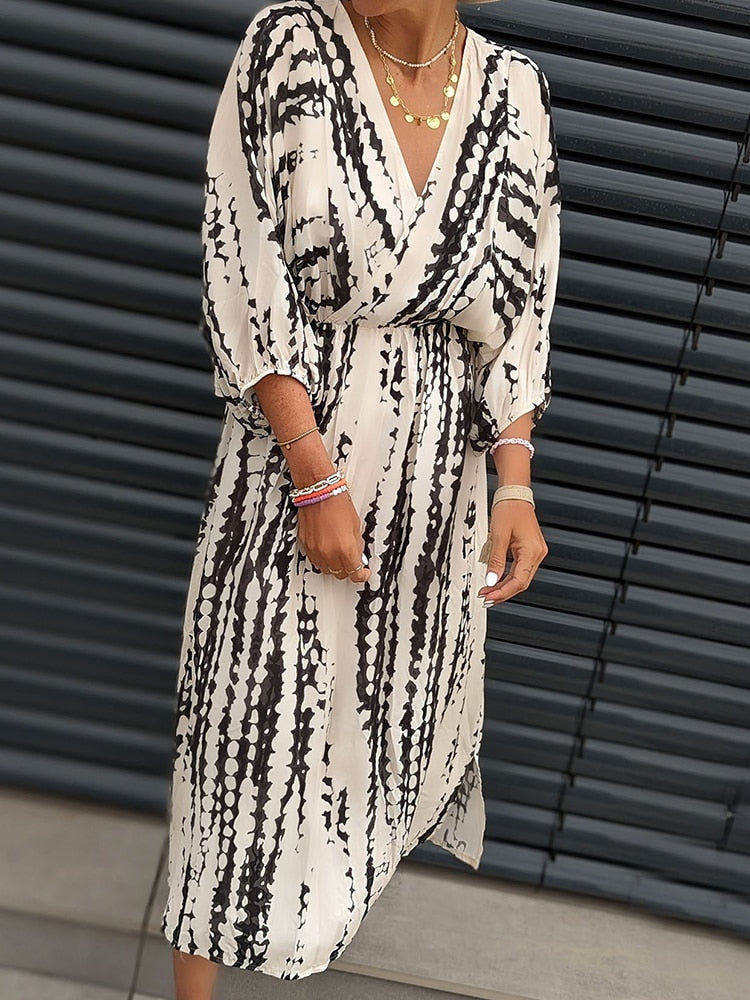 Geometrische print boho puff mouw V-Hals jurk | strandvakantie kleding – materiaal: Polyester — afbeelding 5