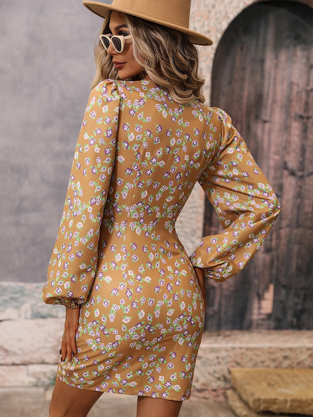 Bodycon print jurk – modieuze slanke V-hals lange mouw – hoge taille