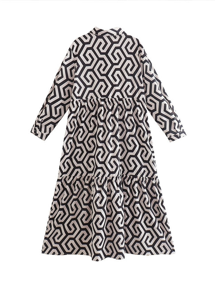 Geometrische print lange mouw overhemdjurk – casual A-Lijn feestjurk