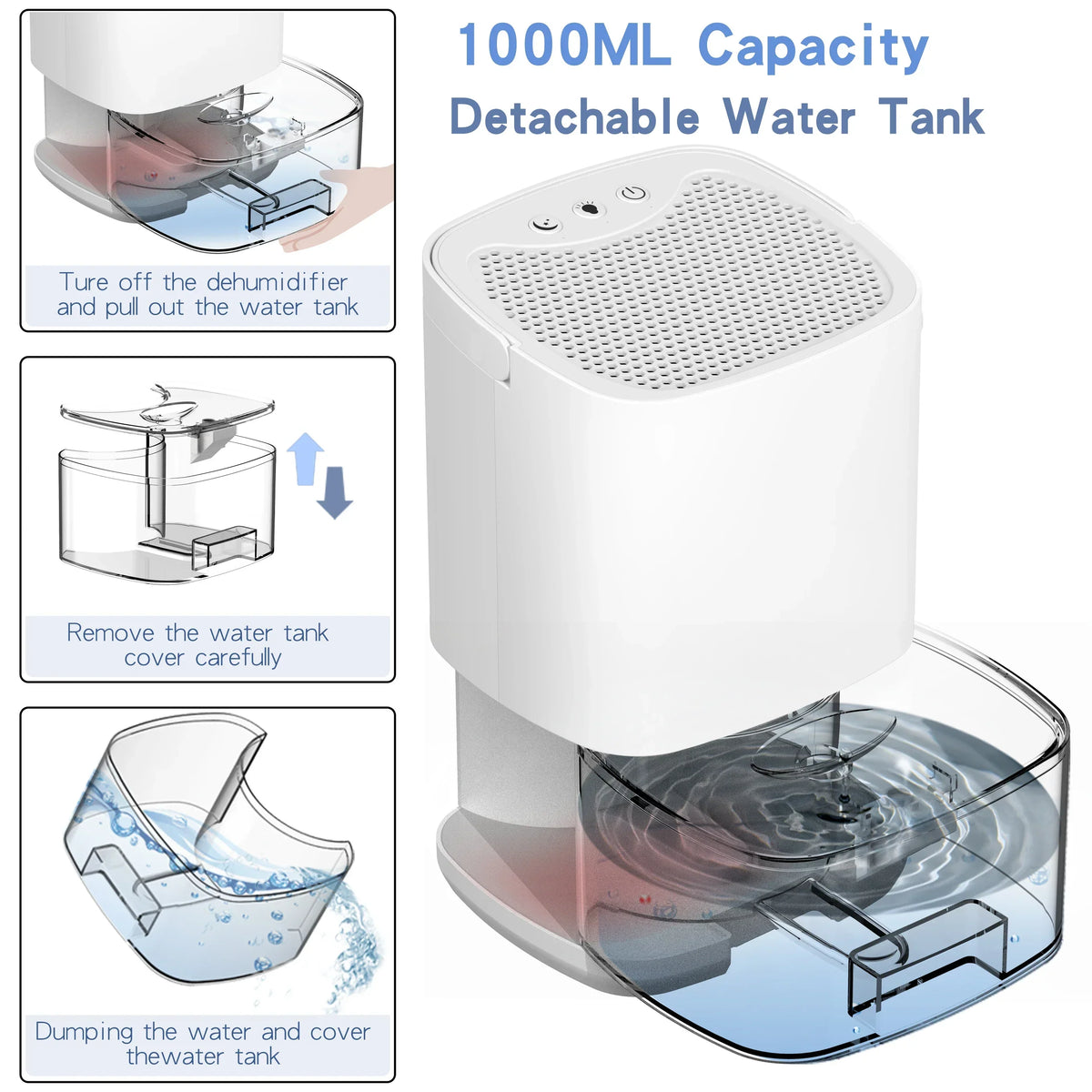 1000 ml draagbare 2-in-1 luchtontvochtiger met luchtfilter & nachtlampje