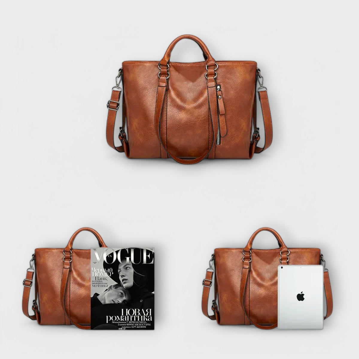 Ruime leren shopper met afneembare draagriem