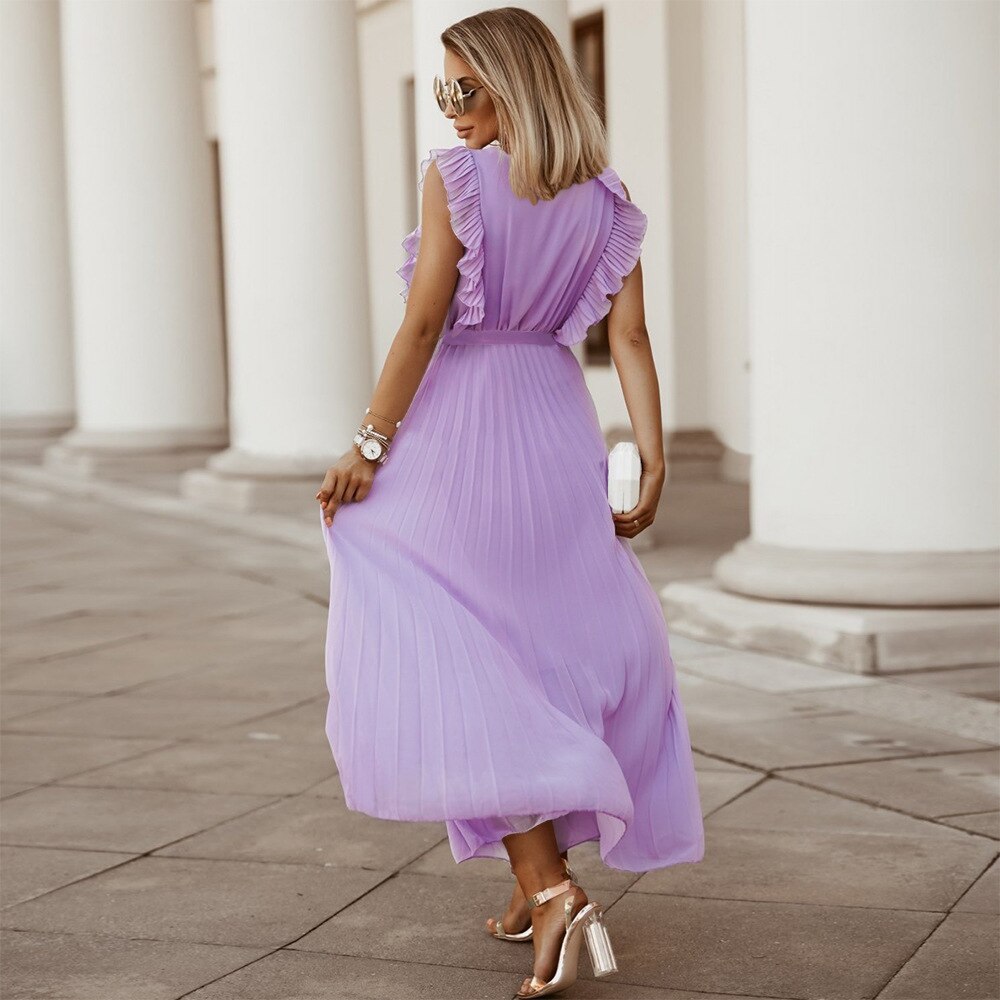 Mouwloze V-Hals zomerjurk – geplooide chiffon maxi met riem