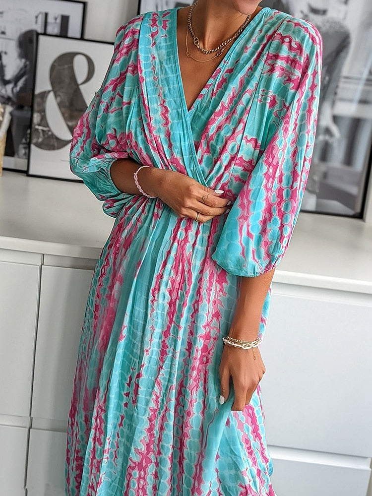 Geometrische print boho puff mouw V-Hals jurk – strandvakantie kleding